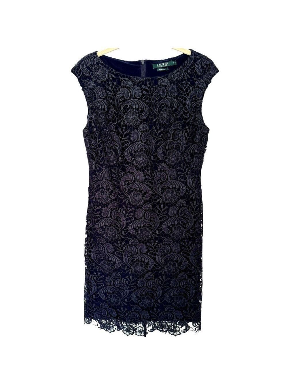 Lauren Ralph Lauren Evening Dress Lighthouse Navy Floral Lace Overlay Sz 8